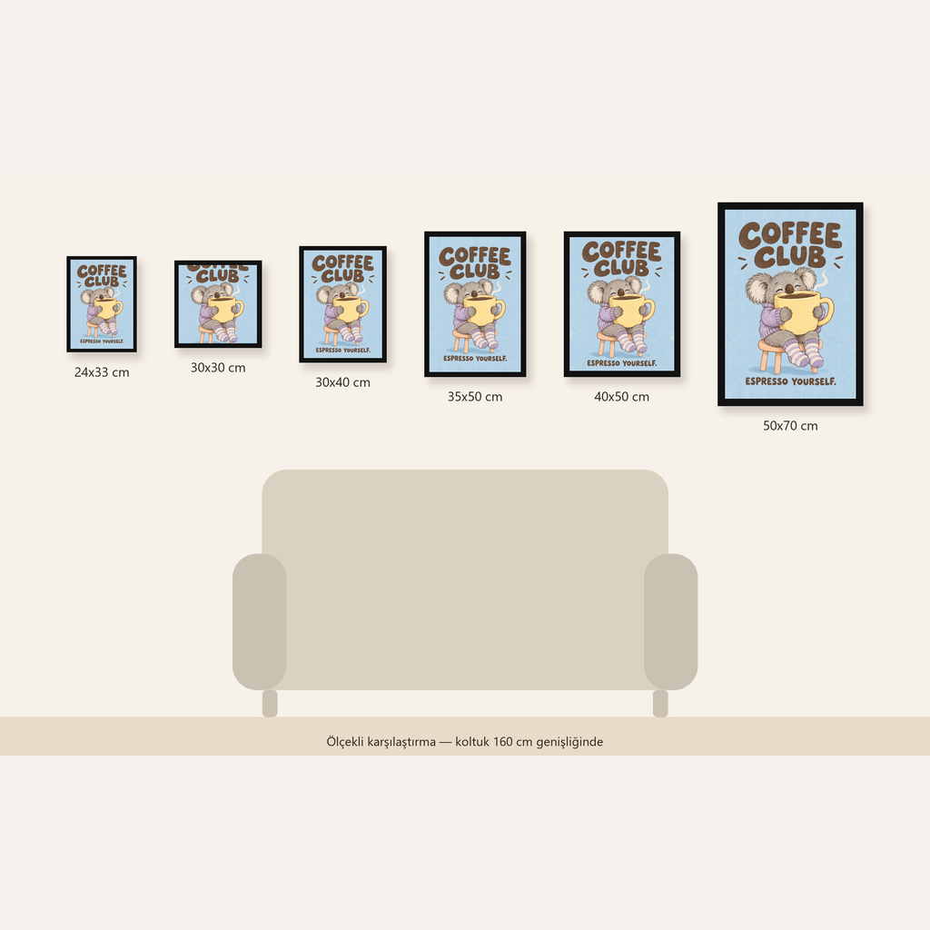 Kahve Seven Koala Poster – Sevimli Dijital Sanat Baskısı — Dikey ölçülerinin karşılaştırması