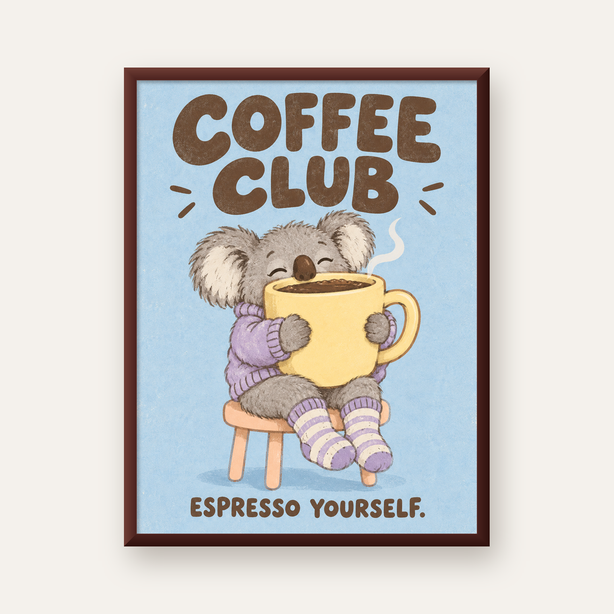 Kahve Seven Koala Poster – Sevimli Dijital Sanat Baskısı — ceviz çerçeveli