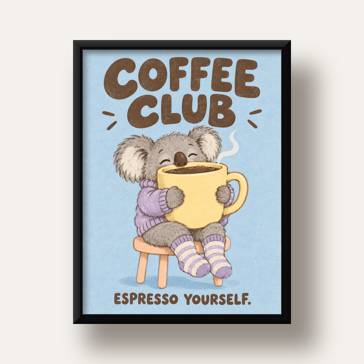 Kahve Seven Koala Poster – Sevimli Dijital Sanat Baskısı — siyah derin çerçeveli