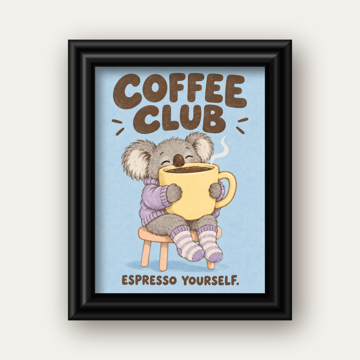 Kahve Seven Koala Poster – Sevimli Dijital Sanat Baskısı — siyah galeri çerçeveli