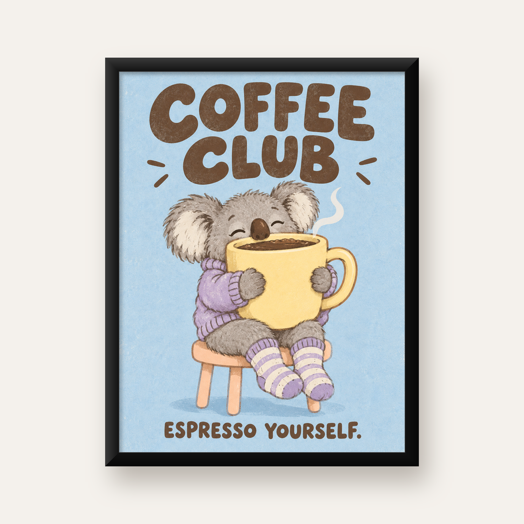 Kahve Seven Koala Poster – Sevimli Dijital Sanat Baskısı — Dikey baskı, düz siyah çerçeveli duvar posteri