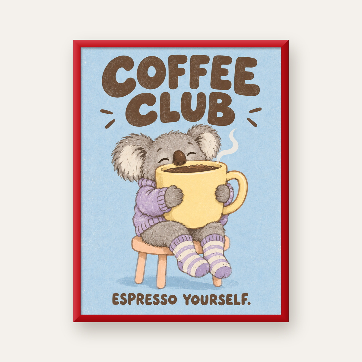 Kahve Seven Koala Poster – Sevimli Dijital Sanat Baskısı — kırmızı çerçeveli