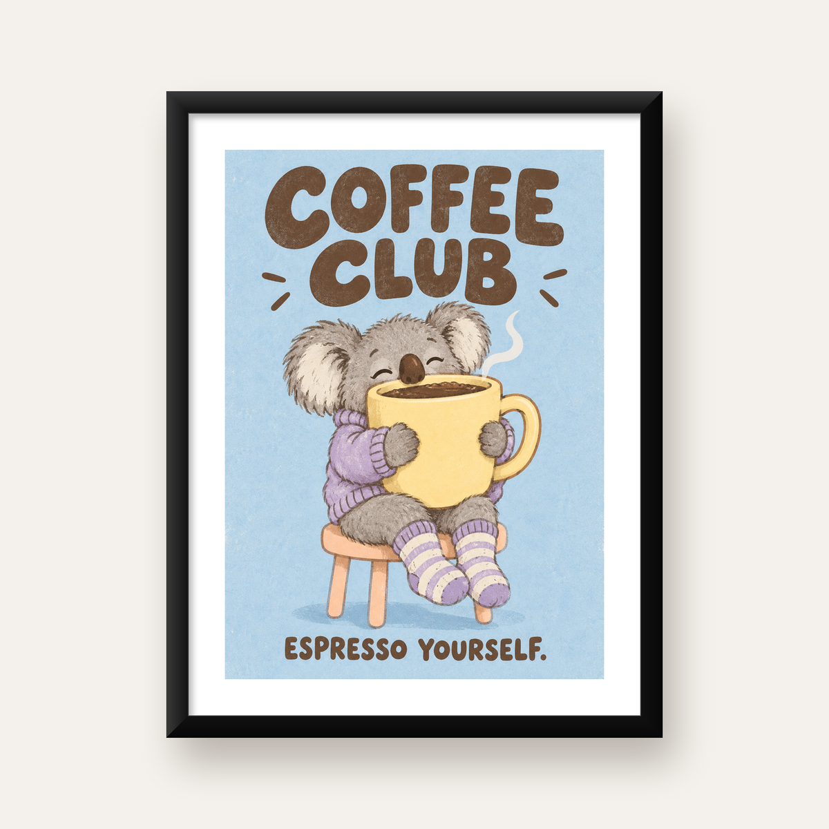 Kahve Seven Koala Poster – Sevimli Dijital Sanat Baskısı — Dikey baskı, beyaz paspartulu