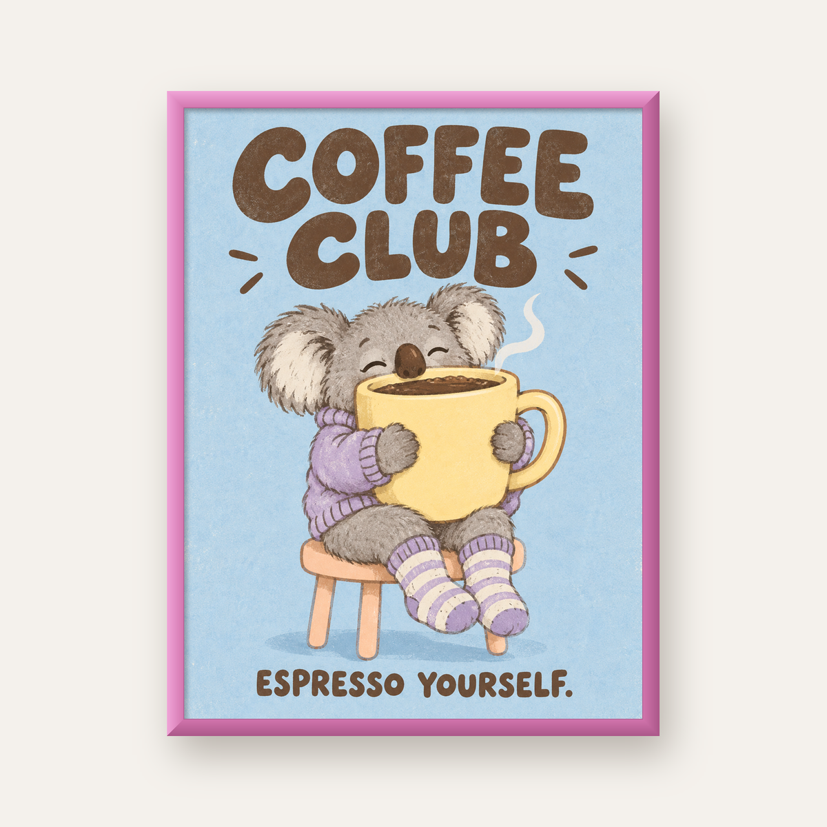 Kahve Seven Koala Poster – Sevimli Dijital Sanat Baskısı — pembe çerçeveli