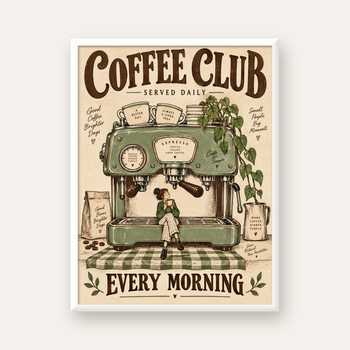 Vintage Kahve Makinesi ve Sabah Rutini Retro Poster — beyaz çerçeveli dikey poster