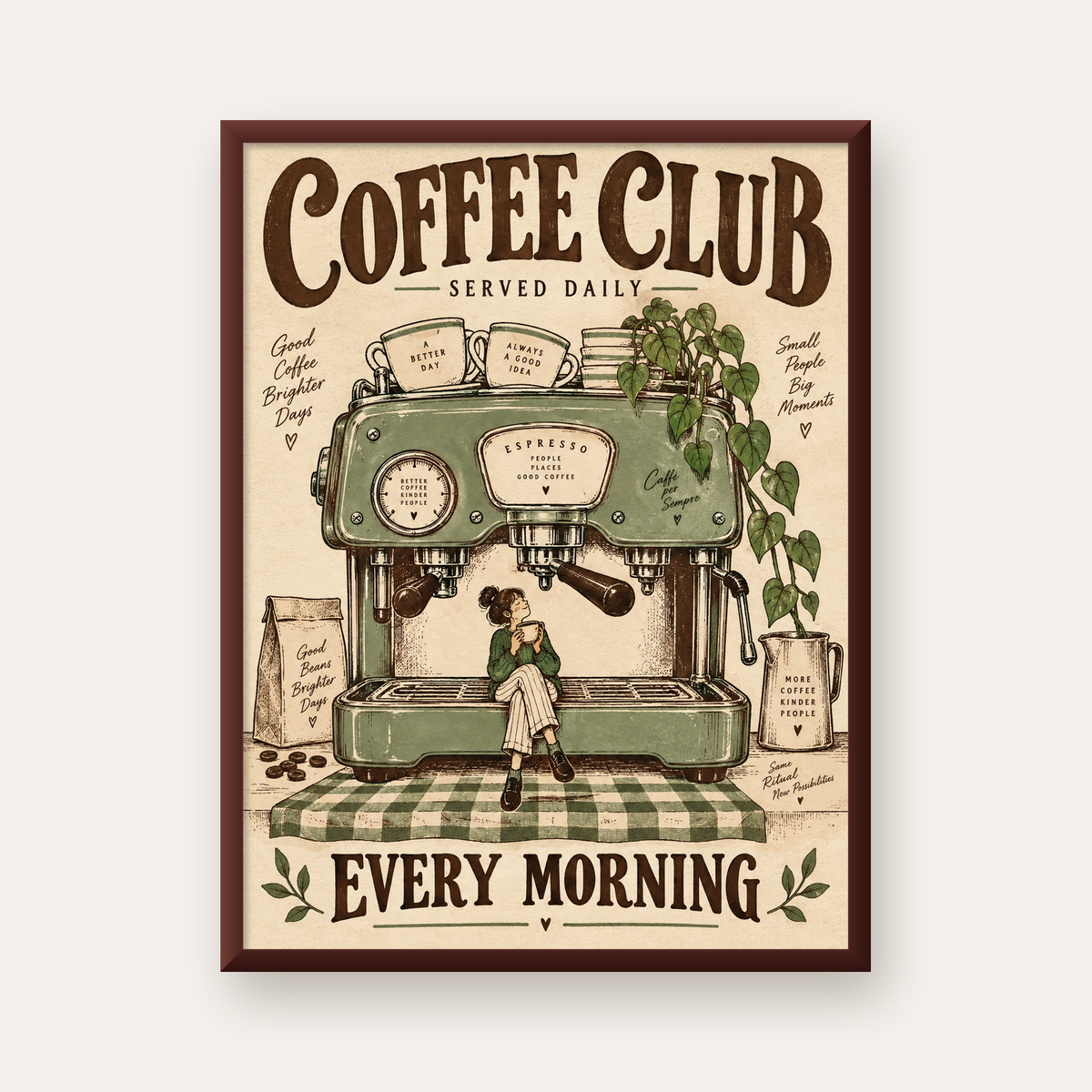 Vintage Kahve Makinesi ve Sabah Rutini Retro Poster — ceviz çerçeveli