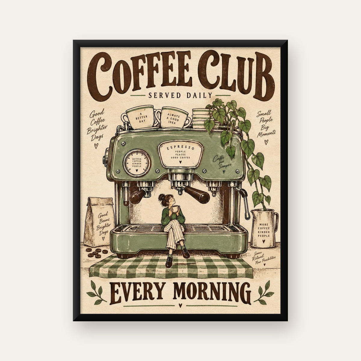 Vintage Kahve Makinesi ve Sabah Rutini Retro Poster — Dikey baskı, düz siyah çerçeveli duvar posteri