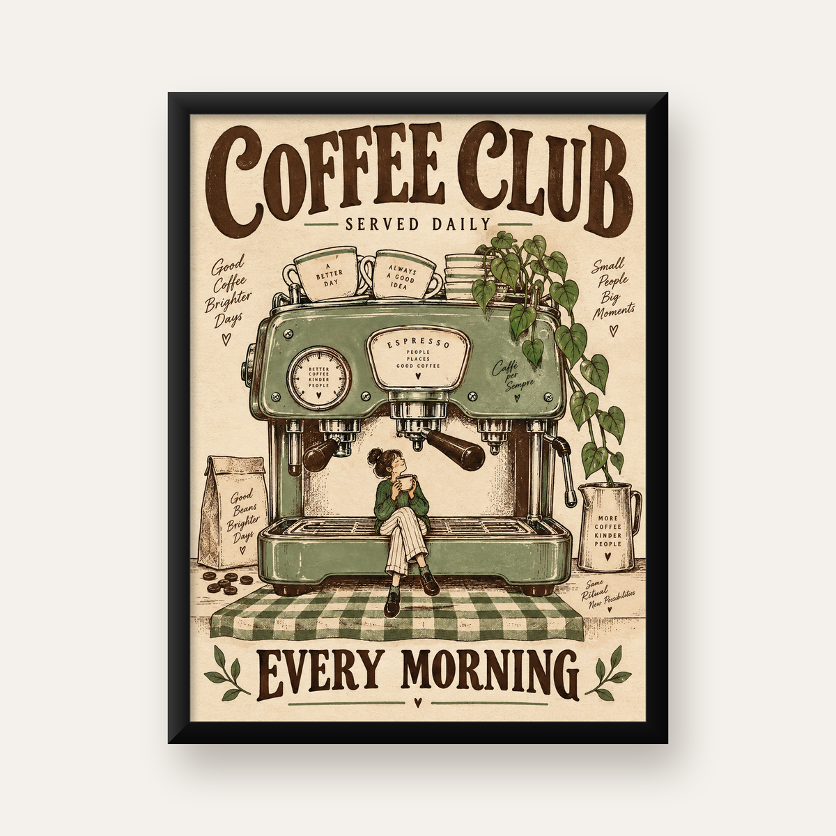 Vintage Kahve Makinesi ve Sabah Rutini Retro Poster — Dikey baskı, düz siyah çerçeveli duvar posteri