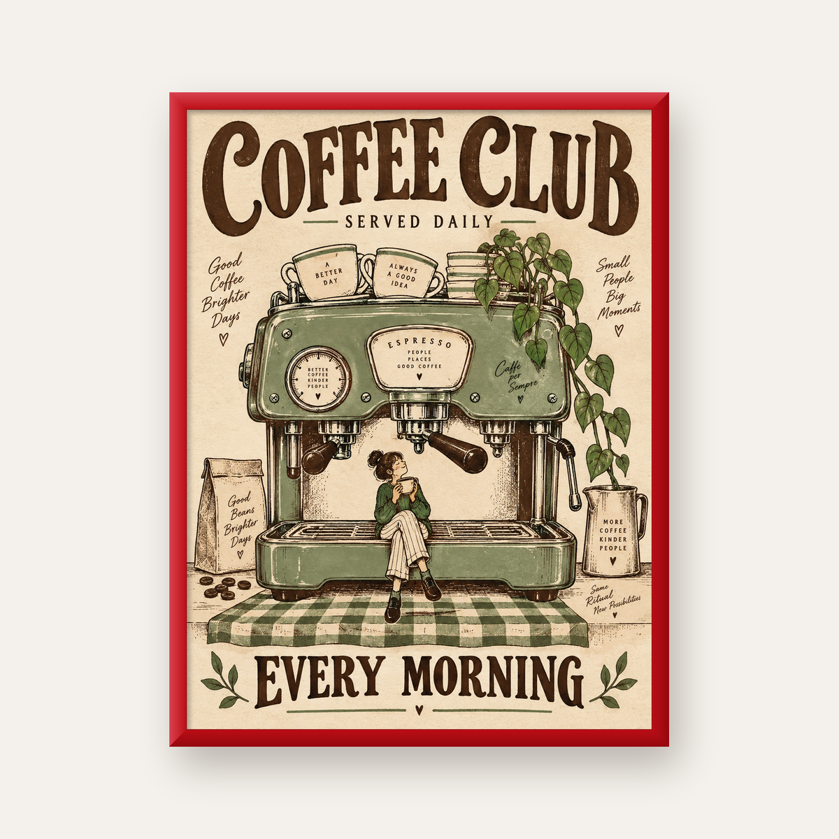 Vintage Kahve Makinesi ve Sabah Rutini Retro Poster — kırmızı çerçeveli