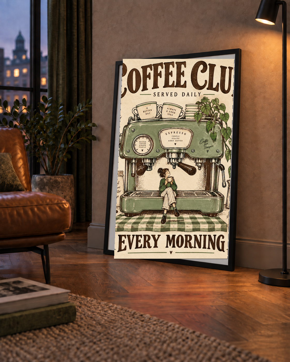 Vintage Kahve Makinesi ve Sabah Rutini Retro Poster