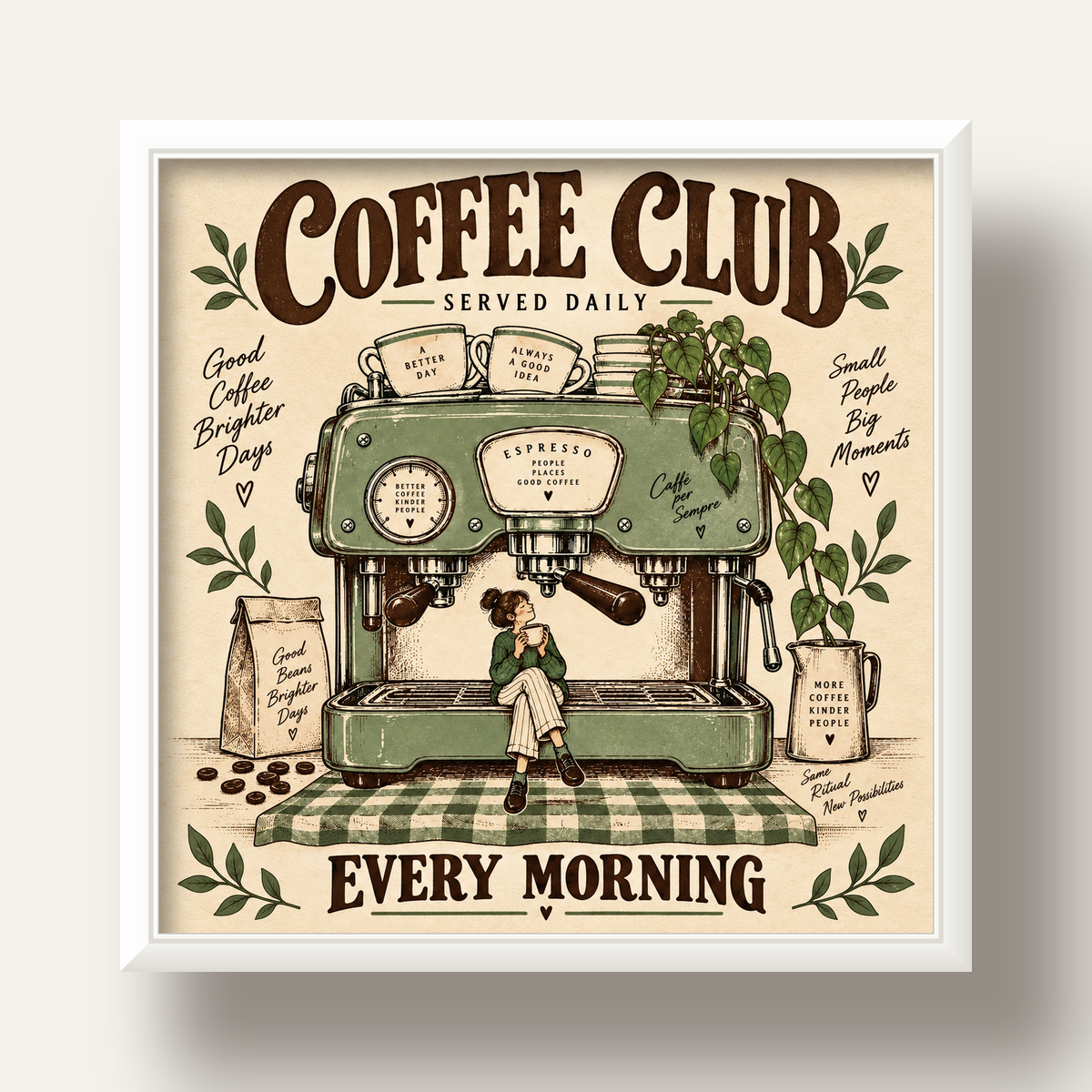 Vintage Kahve Makinesi ve Sabah Rutini Retro Poster — beyaz derin çerçeveli