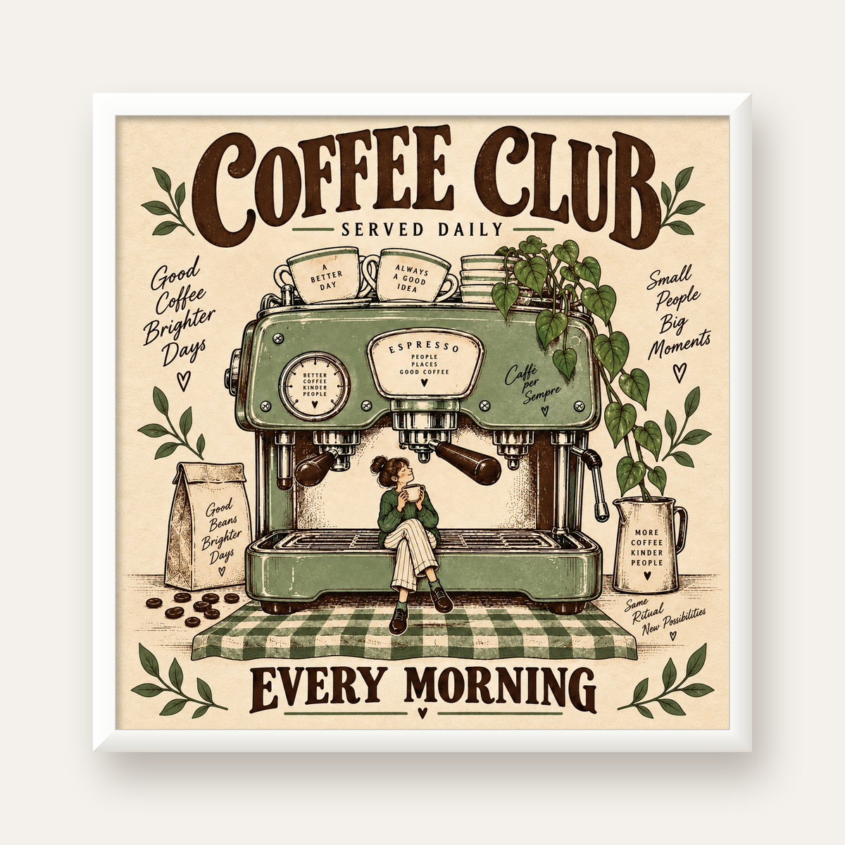 Vintage Kahve Makinesi ve Sabah Rutini Retro Poster — beyaz çerçeveli kare poster