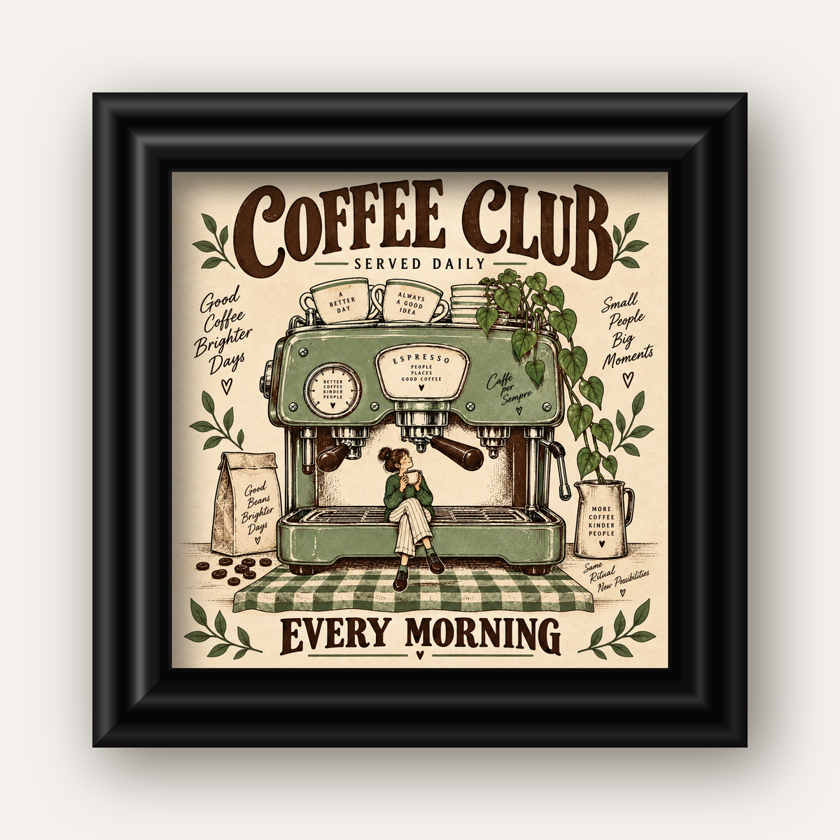 Vintage Kahve Makinesi ve Sabah Rutini Retro Poster — siyah galeri çerçeveli