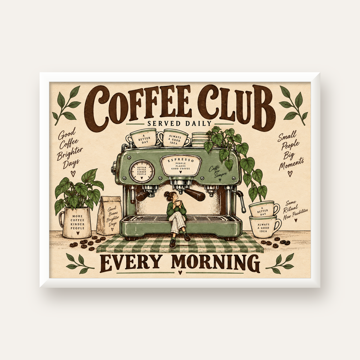 Vintage Kahve Makinesi ve Sabah Rutini Retro Poster — beyaz çerçeveli yatay poster