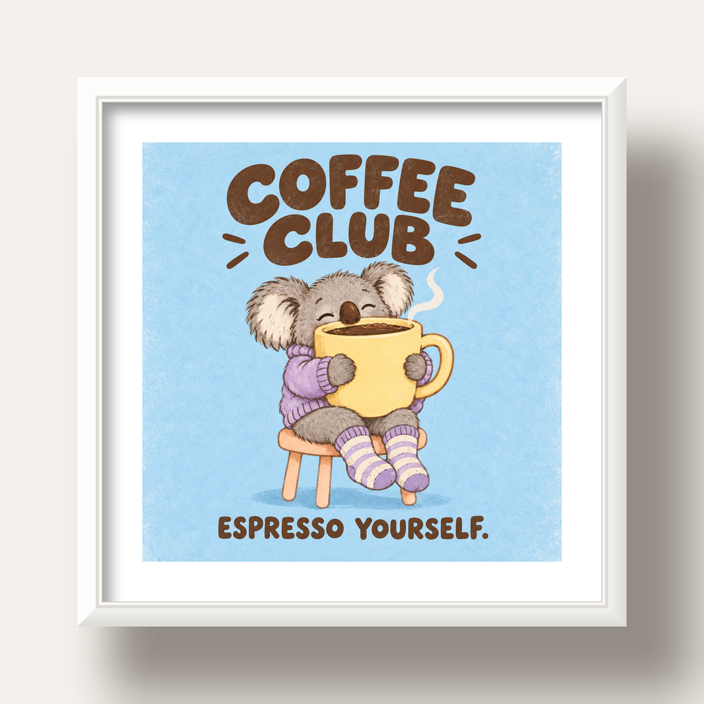 Kahve Seven Koala Poster – Sevimli Dijital Sanat Baskısı — beyaz derin çerçeveli paspartulu