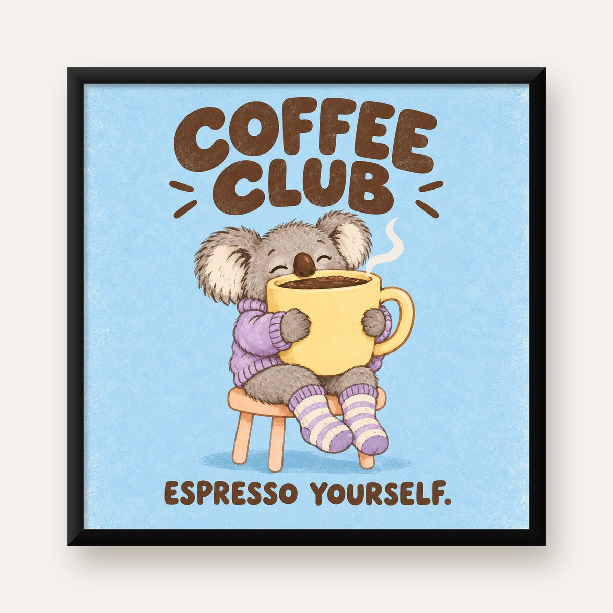 Kahve Seven Koala Poster – Sevimli Dijital Sanat Baskısı — Kare baskı, düz siyah çerçeveli duvar posteri