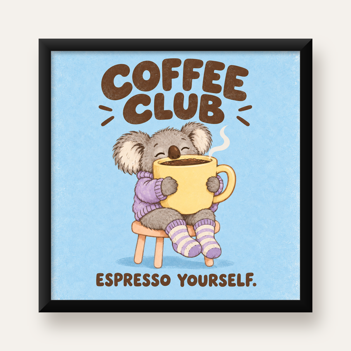 Kahve Seven Koala Poster – Sevimli Dijital Sanat Baskısı — Kare baskı, düz siyah çerçeveli duvar posteri
