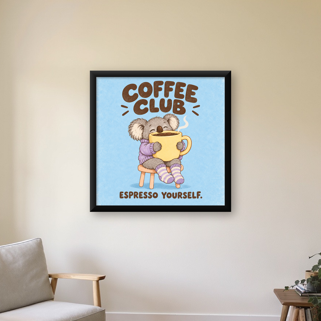 Kahve Seven Koala Poster – Sevimli Dijital Sanat Baskısı — Kare baskı, çerçeveli hâliyle bir ev duvarında