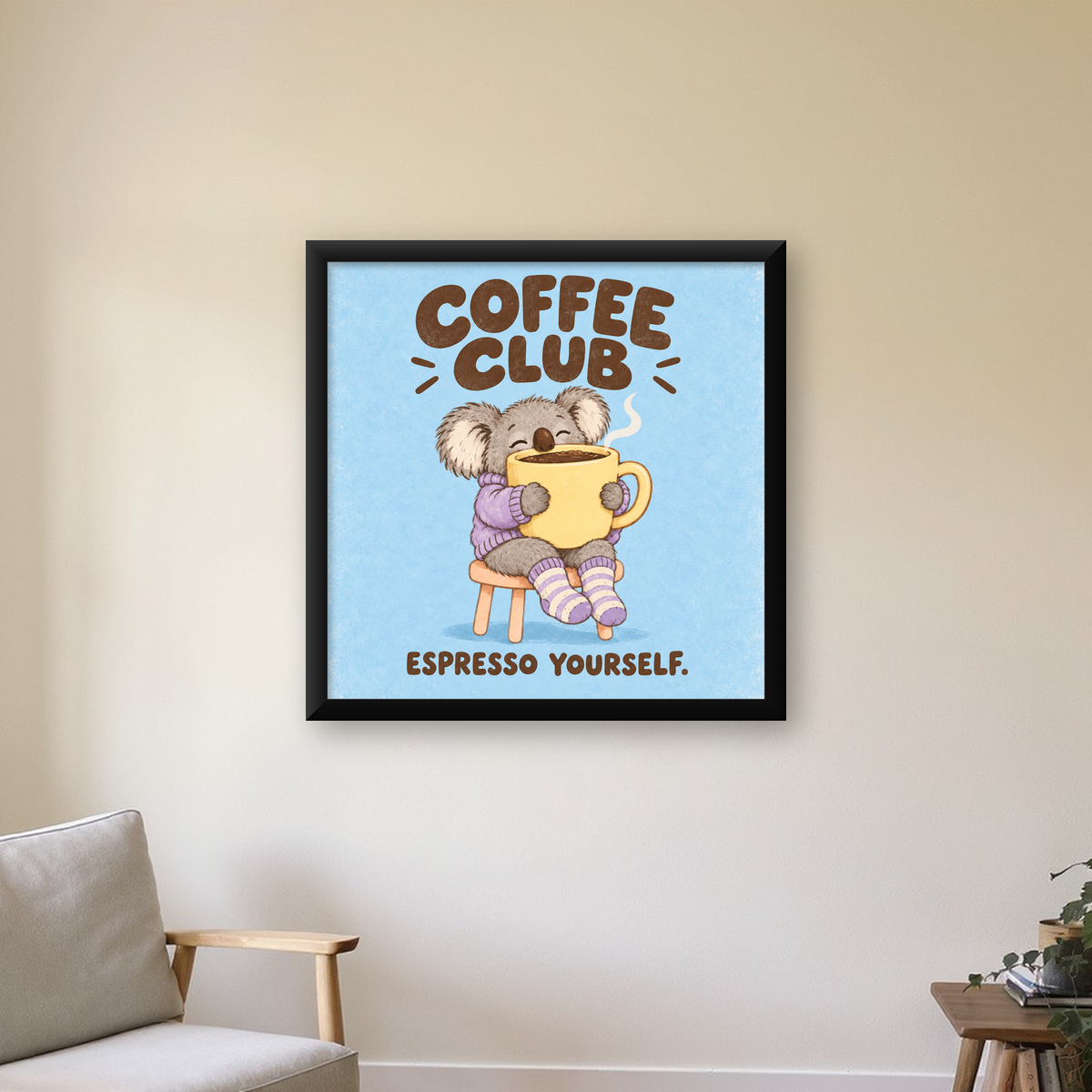 Kahve Seven Koala Poster – Sevimli Dijital Sanat Baskısı — Kare baskı, çerçeveli hâliyle bir ev duvarında