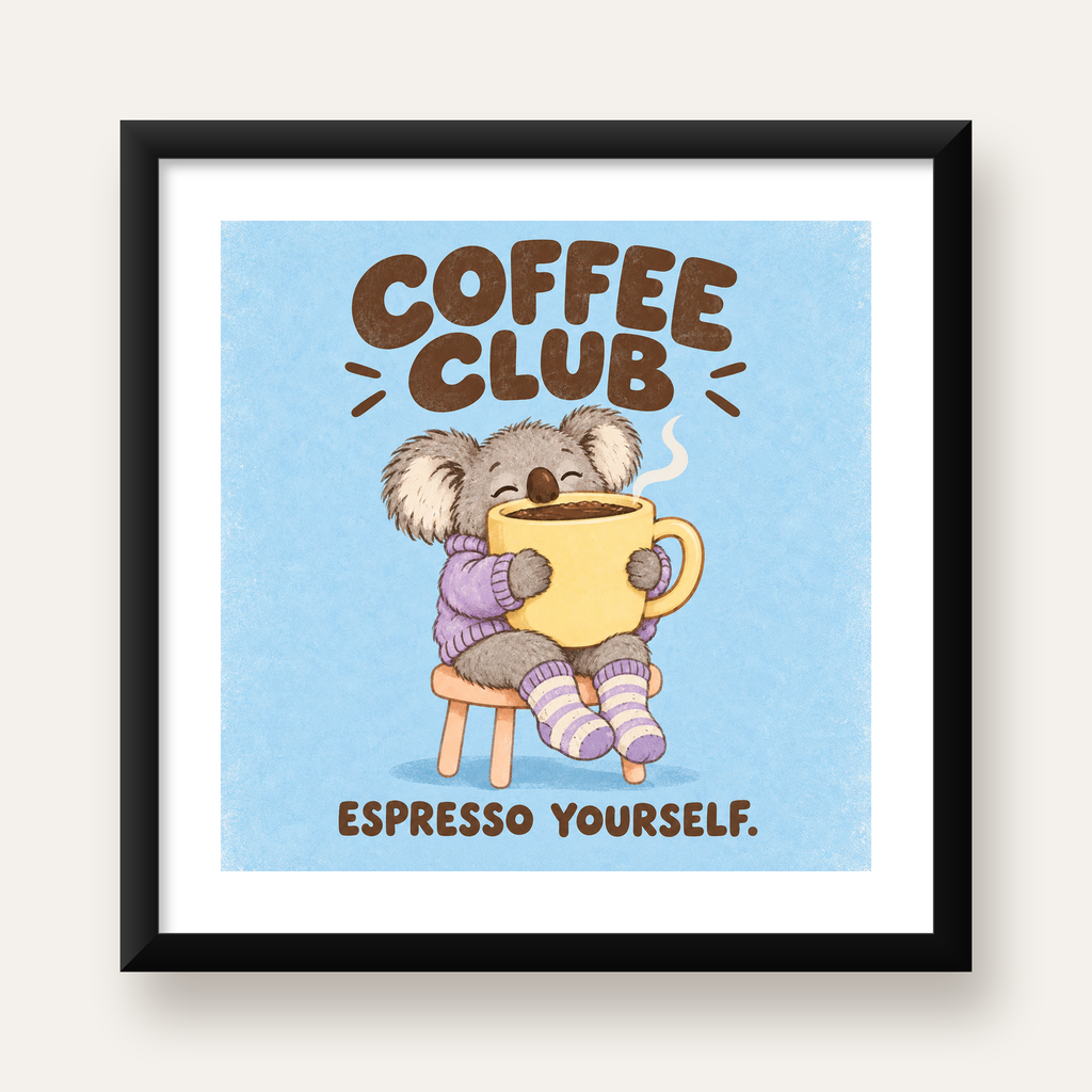 Kahve Seven Koala Poster – Sevimli Dijital Sanat Baskısı — Kare baskı, beyaz paspartulu