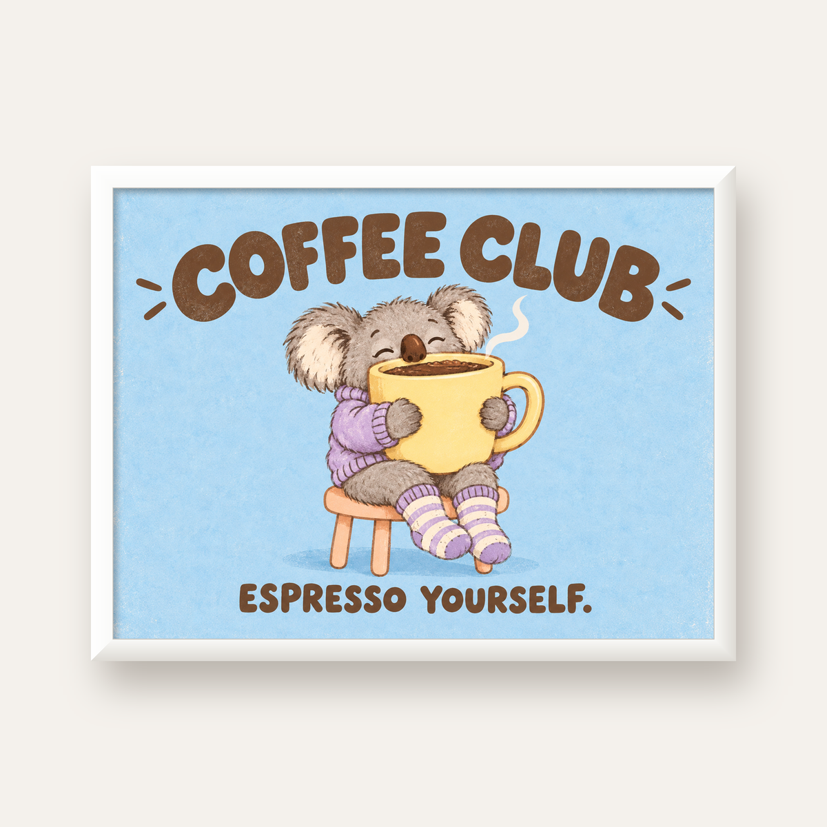 Kahve Seven Koala Poster – Sevimli Dijital Sanat Baskısı — beyaz çerçeveli yatay poster