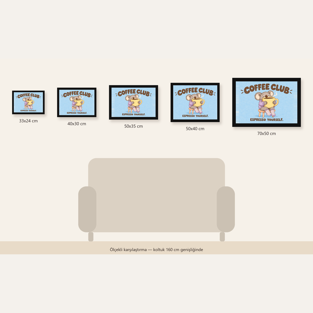 Kahve Seven Koala Poster – Sevimli Dijital Sanat Baskısı — Yatay ölçülerinin karşılaştırması
