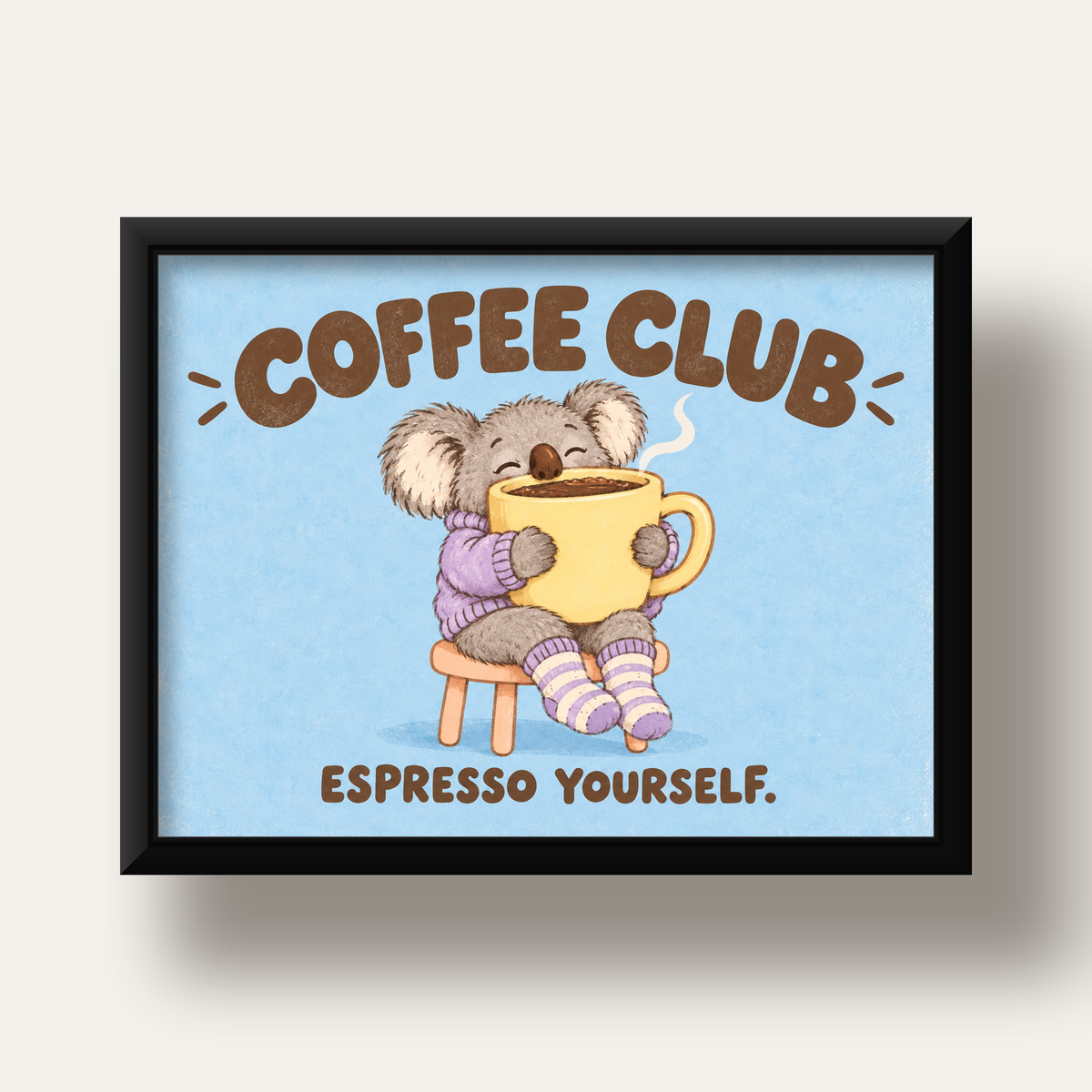 Kahve Seven Koala Poster – Sevimli Dijital Sanat Baskısı — siyah derin çerçeveli
