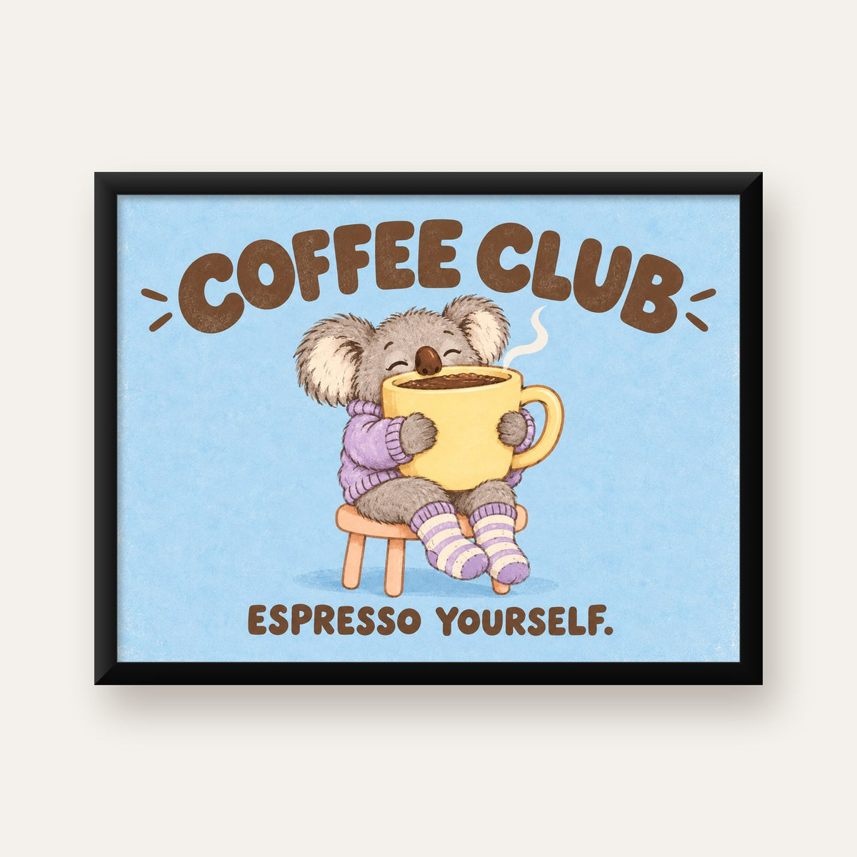 Kahve Seven Koala Poster – Sevimli Dijital Sanat Baskısı — Yatay baskı, düz siyah çerçeveli duvar posteri