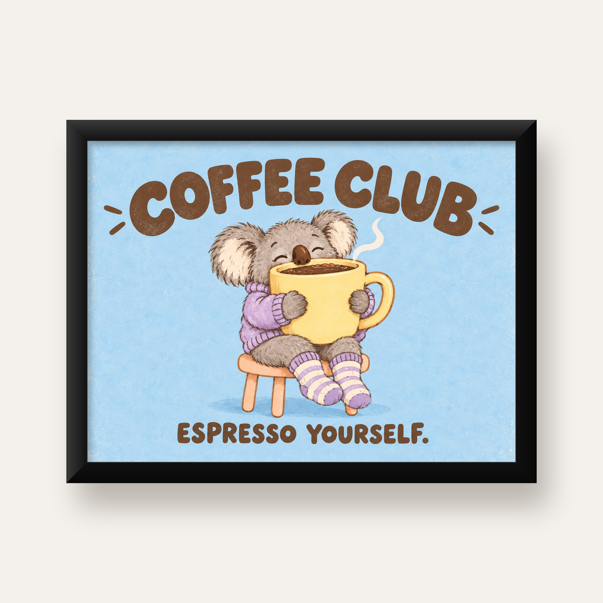 Kahve Seven Koala Poster – Sevimli Dijital Sanat Baskısı — Yatay baskı, düz siyah çerçeveli duvar posteri