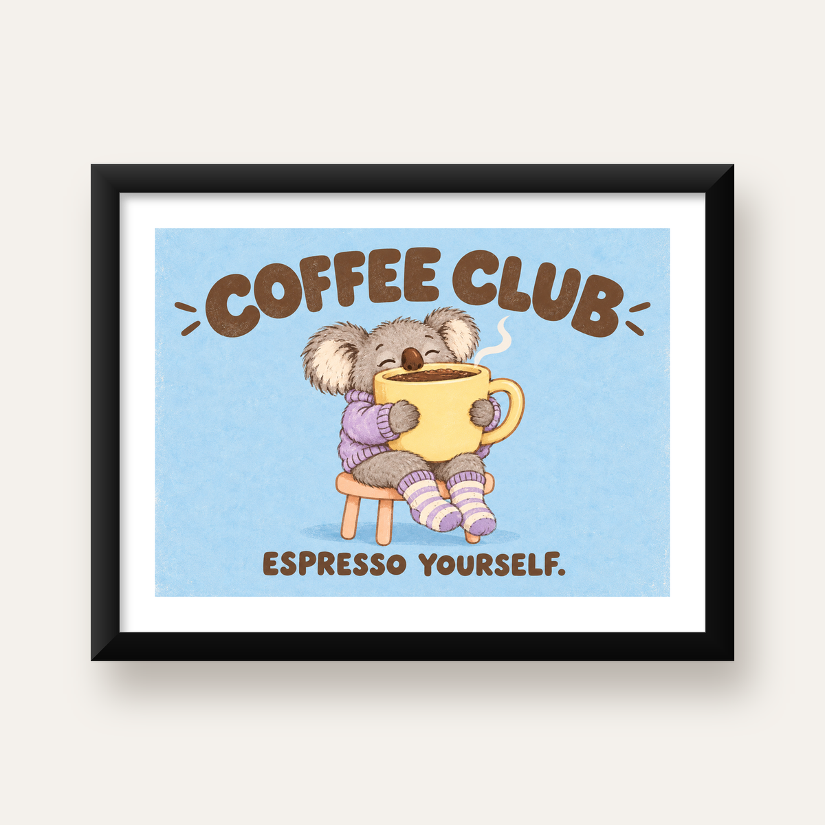 Kahve Seven Koala Poster – Sevimli Dijital Sanat Baskısı — Yatay baskı, beyaz paspartulu