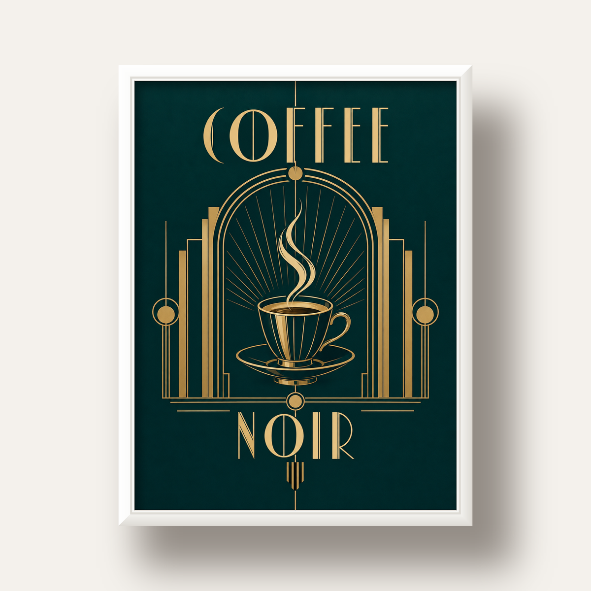 Art Deco Kahve Poster – Altın Detaylı Şık Duvar Dekoru — beyaz derin çerçeveli