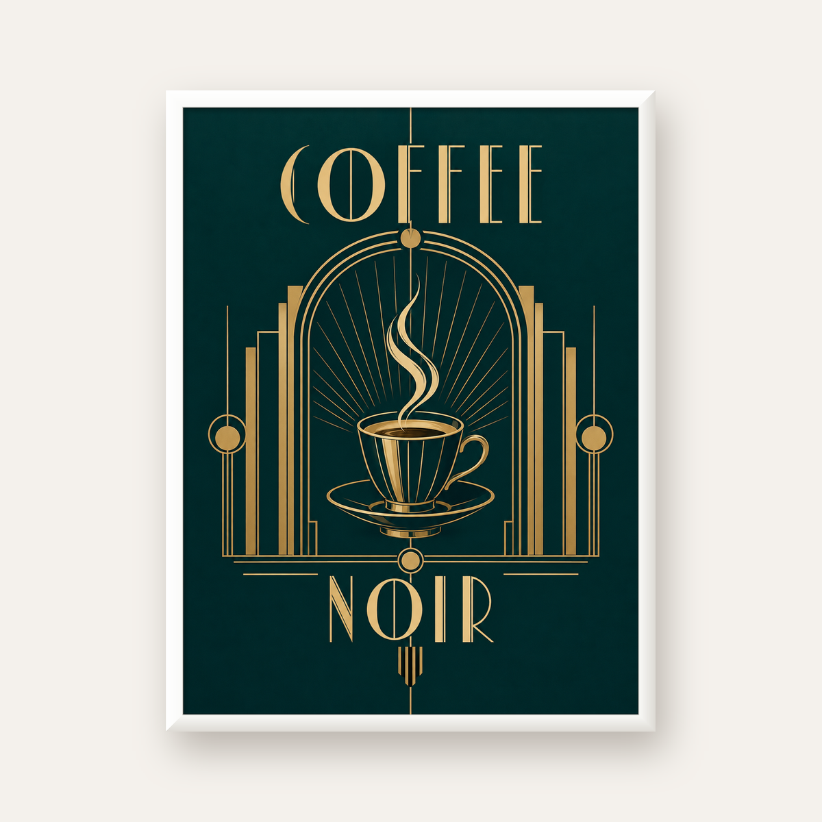 Art Deco Kahve Poster – Altın Detaylı Şık Duvar Dekoru — beyaz çerçeveli dikey poster