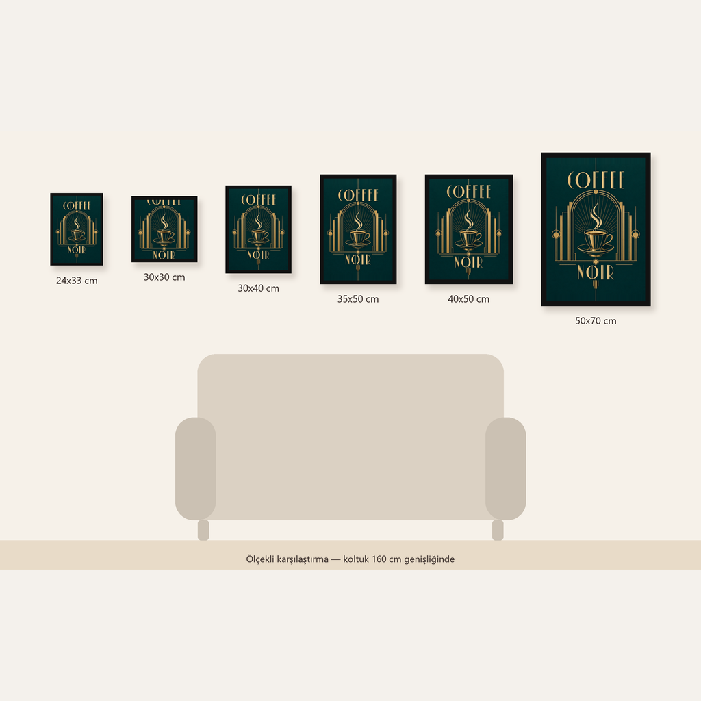Art Deco Kahve Poster – Altın Detaylı Şık Duvar Dekoru — Dikey ölçülerinin karşılaştırması