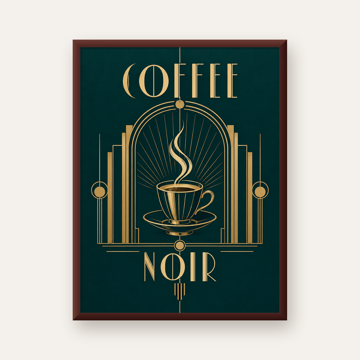 Art Deco Kahve Poster – Altın Detaylı Şık Duvar Dekoru — ceviz çerçeveli