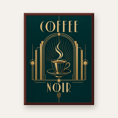 Art Deco Kahve Poster – Altın Detaylı Şık Duvar Dekoru — ceviz çerçeveli