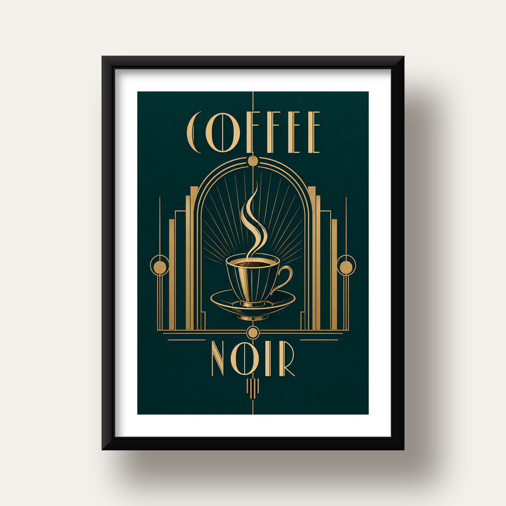 Art Deco Kahve Poster – Altın Detaylı Şık Duvar Dekoru — siyah derin çerçeveli paspartulu