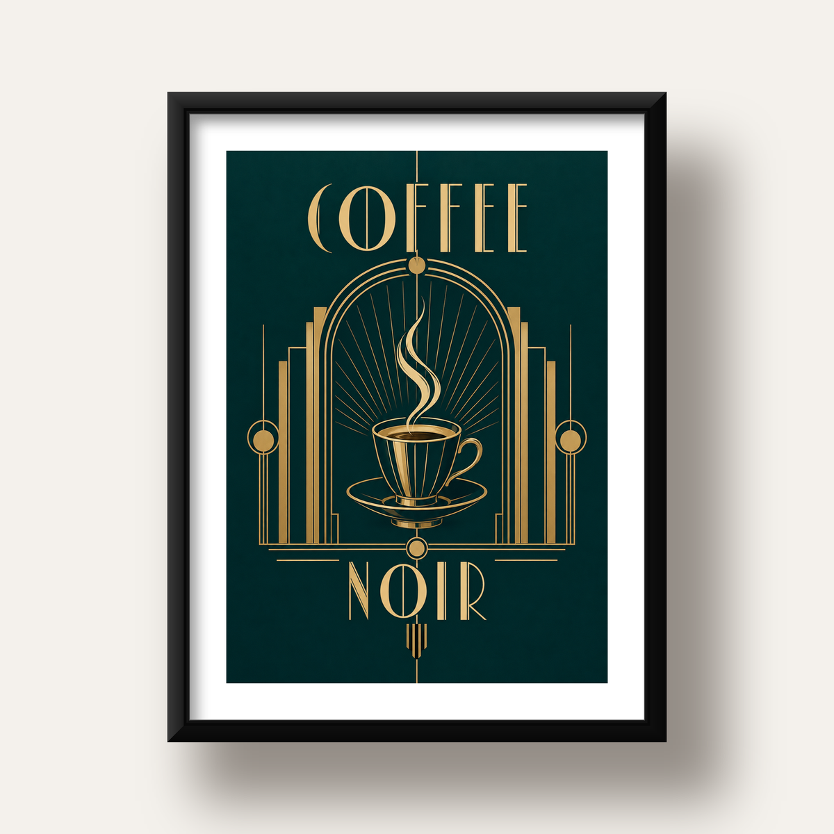 Art Deco Kahve Poster – Altın Detaylı Şık Duvar Dekoru — siyah derin çerçeveli paspartulu