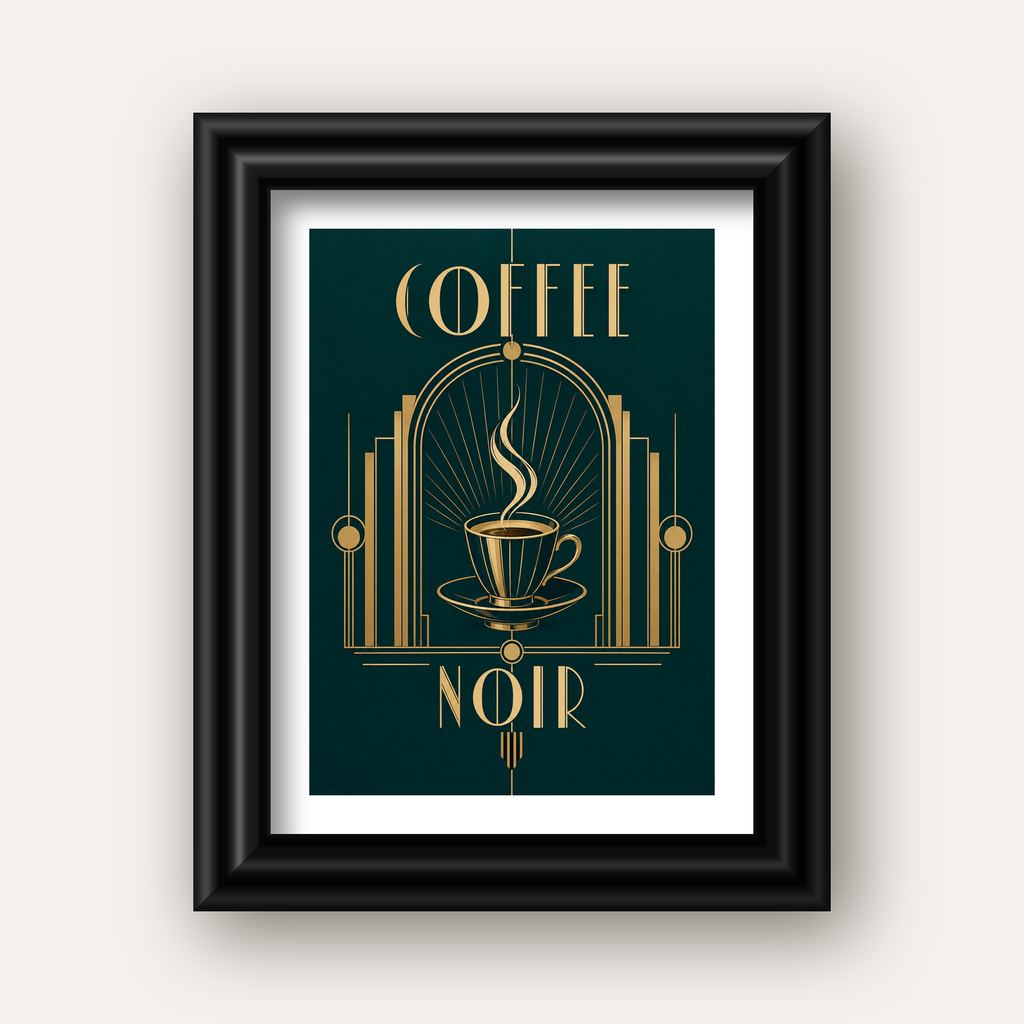 Art Deco Kahve Poster – Altın Detaylı Şık Duvar Dekoru — siyah galeri çerçeveli paspartulu