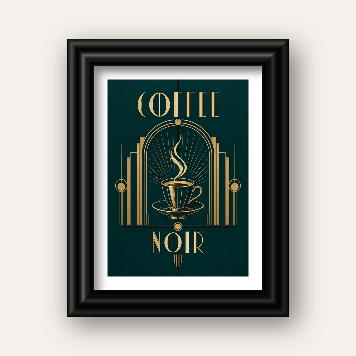 Art Deco Kahve Poster – Altın Detaylı Şık Duvar Dekoru — siyah galeri çerçeveli paspartulu