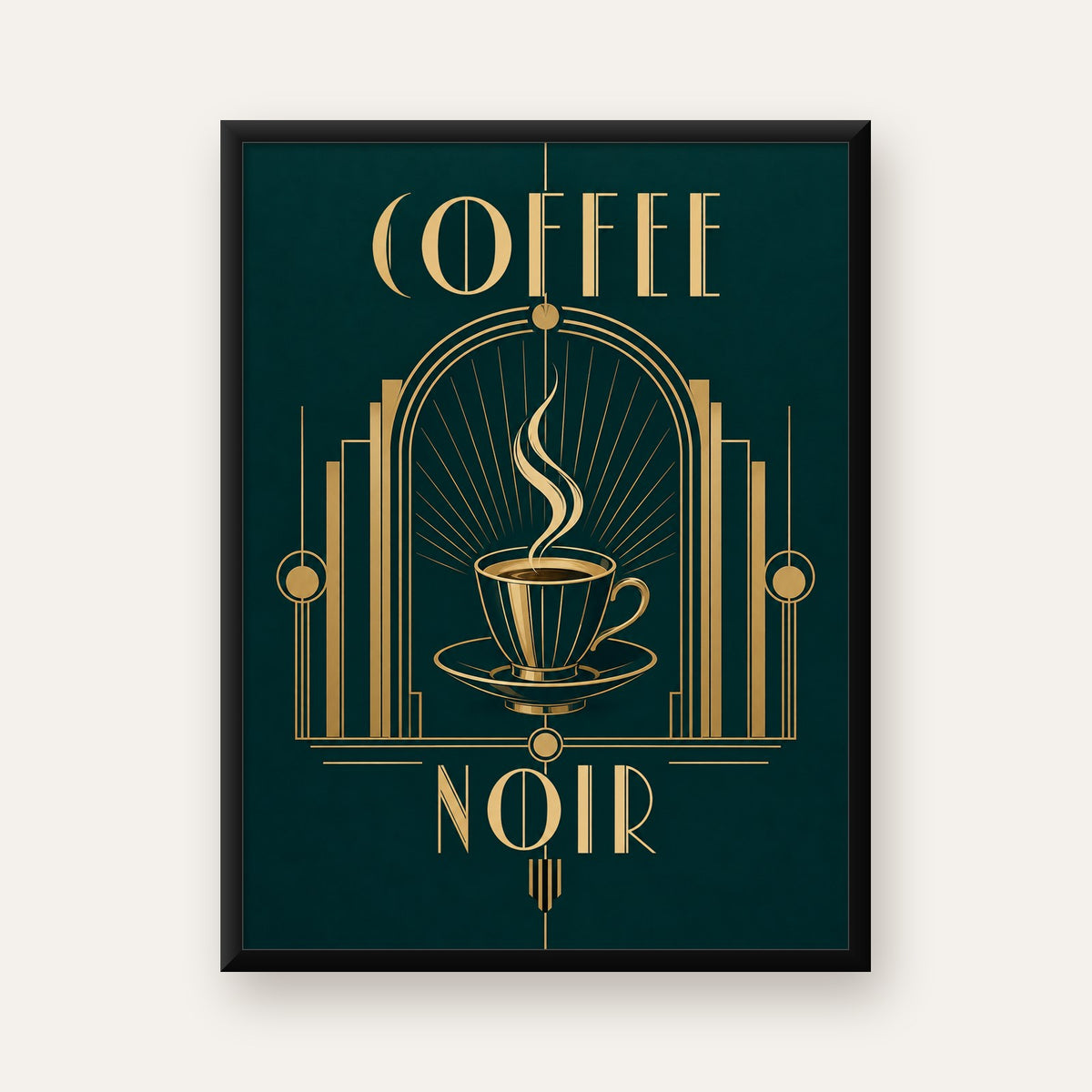 Art Deco Kahve Poster – Altın Detaylı Şık Duvar Dekoru — Dikey baskı, düz siyah çerçeveli duvar posteri