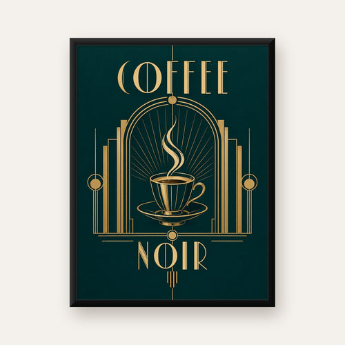 Art Deco Kahve Poster – Altın Detaylı Şık Duvar Dekoru — Dikey baskı, düz siyah çerçeveli duvar posteri