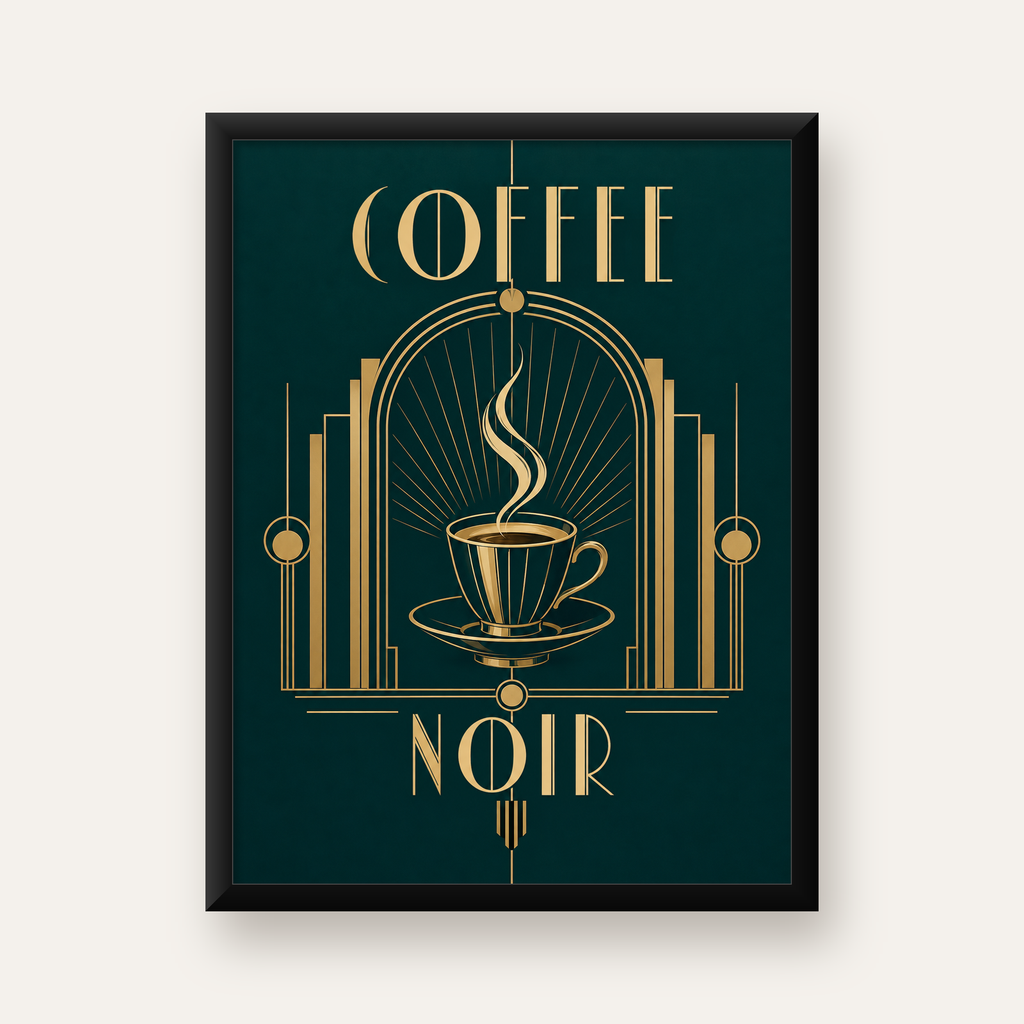 Art Deco Kahve Poster – Altın Detaylı Şık Duvar Dekoru — Dikey baskı, düz siyah çerçeveli duvar posteri