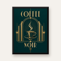 Art Deco Kahve Poster – Altın Detaylı Şık Duvar Dekoru — Dikey baskı, düz siyah çerçeveli duvar posteri