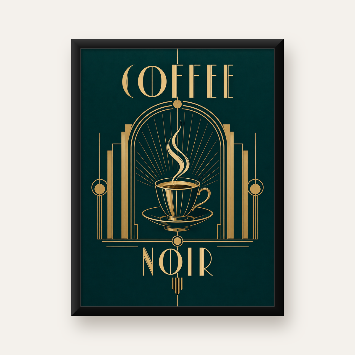 Art Deco Kahve Poster – Altın Detaylı Şık Duvar Dekoru — Dikey baskı, düz siyah çerçeveli duvar posteri