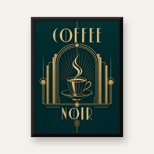 Art Deco Kahve Poster – Altın Detaylı Şık Duvar Dekoru — Dikey baskı, düz siyah çerçeveli duvar posteri
