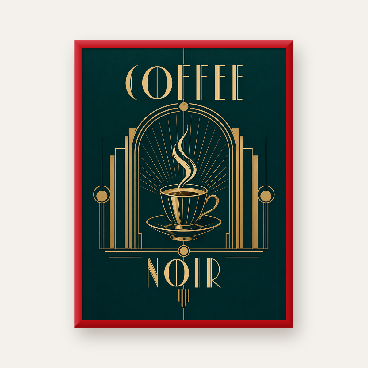 Art Deco Kahve Poster – Altın Detaylı Şık Duvar Dekoru — kırmızı çerçeveli