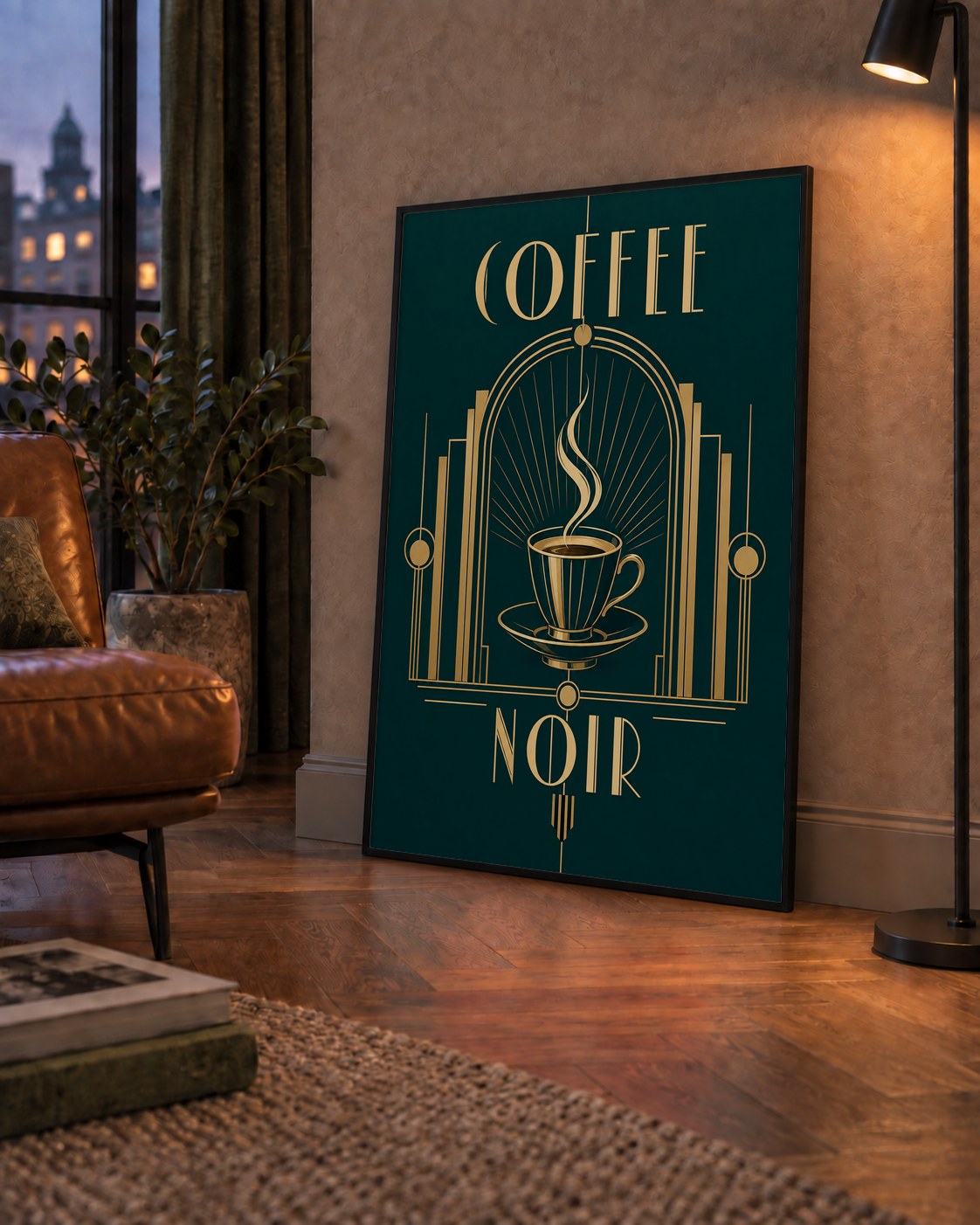 Art Deco Kahve Poster – Altın Detaylı Şık Duvar Dekoru — çerçeveli hâliyle bir ev duvarında