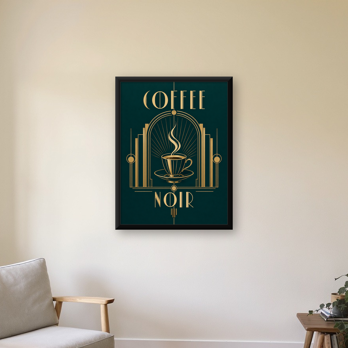 Art Deco Kahve Poster – Altın Detaylı Şık Duvar Dekoru — Dikey baskı, çerçeveli hâliyle bir ev duvarında