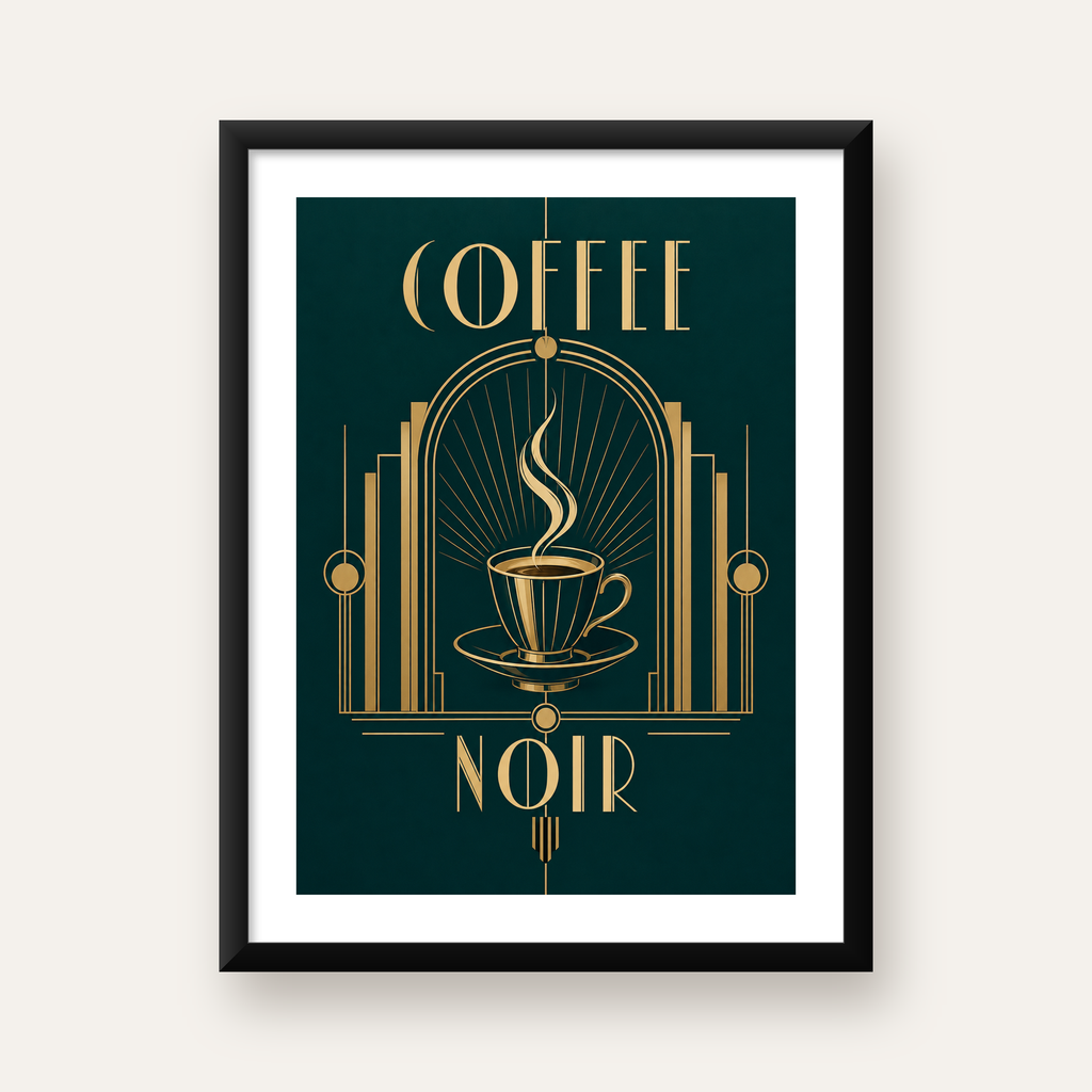 Art Deco Kahve Poster – Altın Detaylı Şık Duvar Dekoru — Dikey baskı, beyaz paspartulu