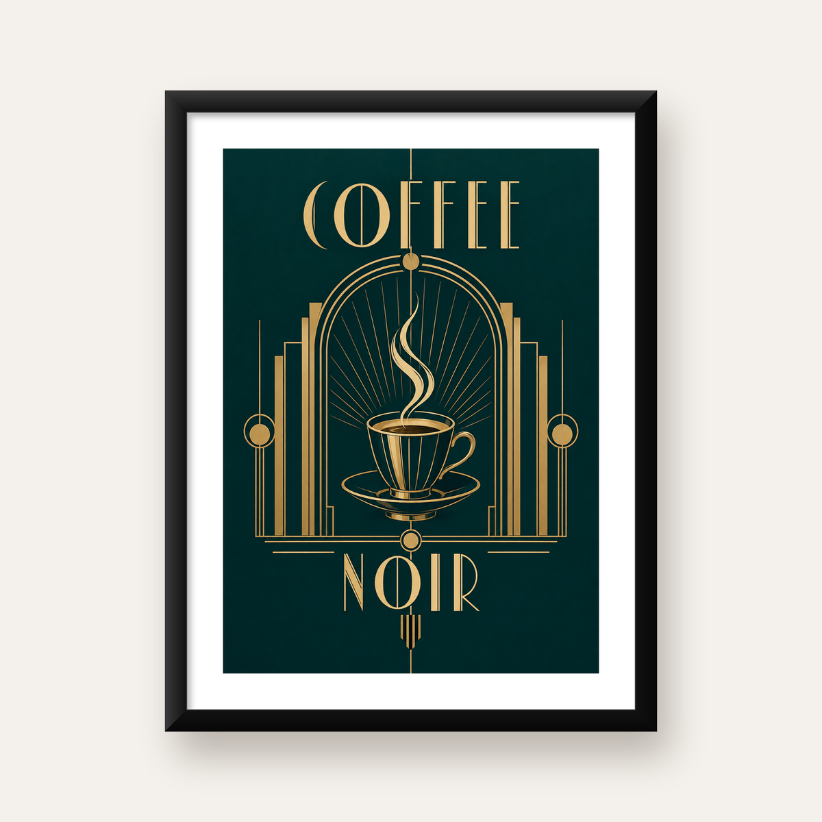 Art Deco Kahve Poster – Altın Detaylı Şık Duvar Dekoru — Dikey baskı, beyaz paspartulu